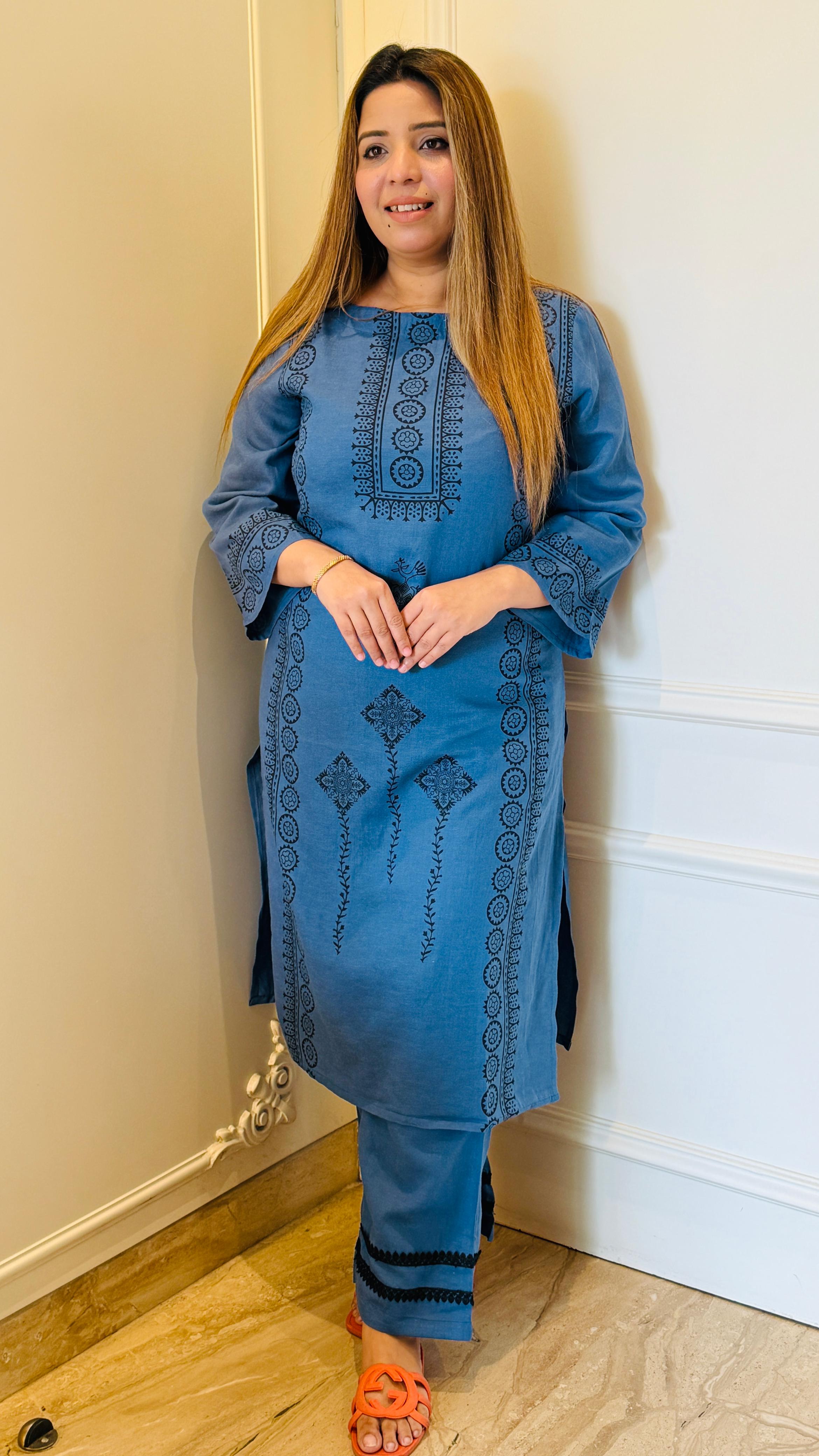 Green, Beige, Blue Cotton Slub Digital Print Kurta Set